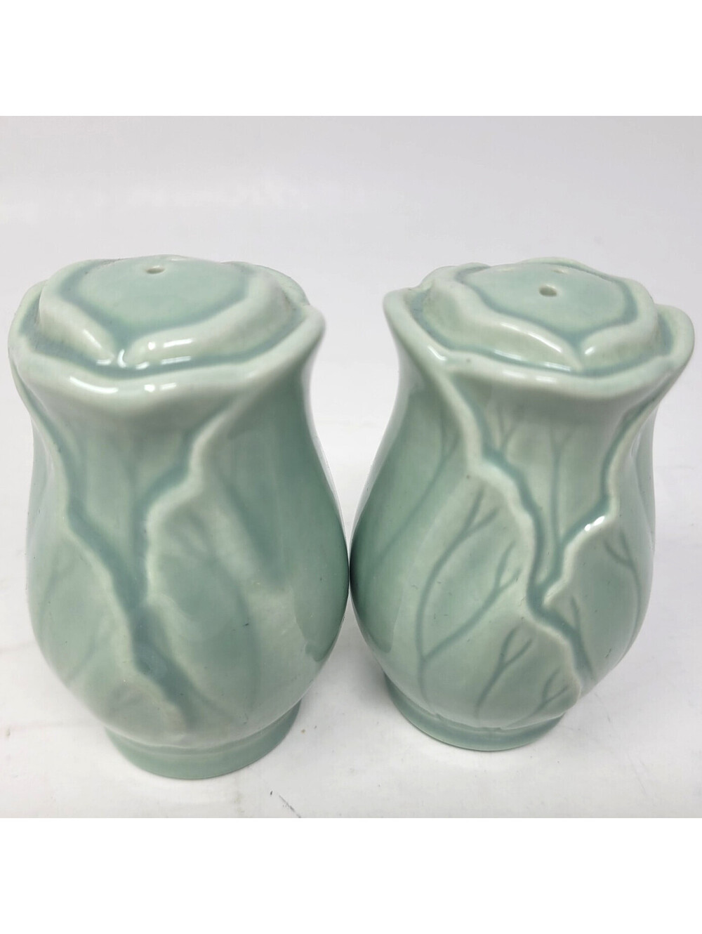 Lotus Salt Pepper Shakers Metlox Poppytrail Vintage Jade Green Cabbage Flower
